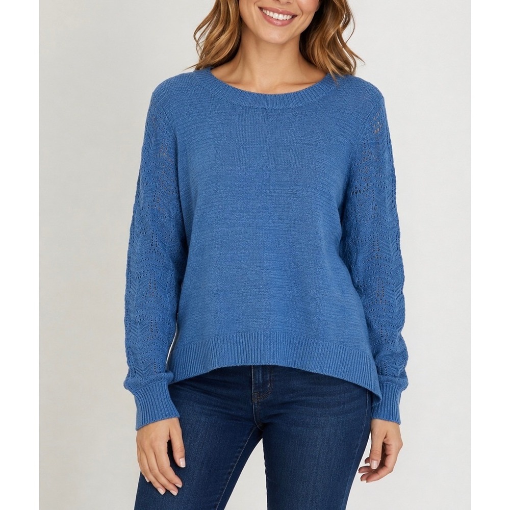 Christian Siriano Pointelle Sweater Womens Large Blue Knit High-Low Soft Casual
